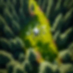 Aerial view of a forest with drones capturing data.